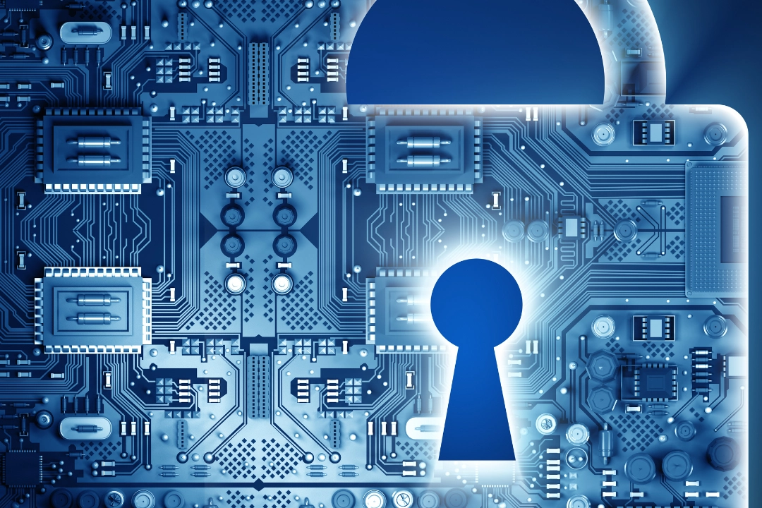 Image depicting secure configuration management using environment variables and dotfiles, symbolized by a digital lock with a keyhole, emphasizing the protection of sensitive information and efficient project management.