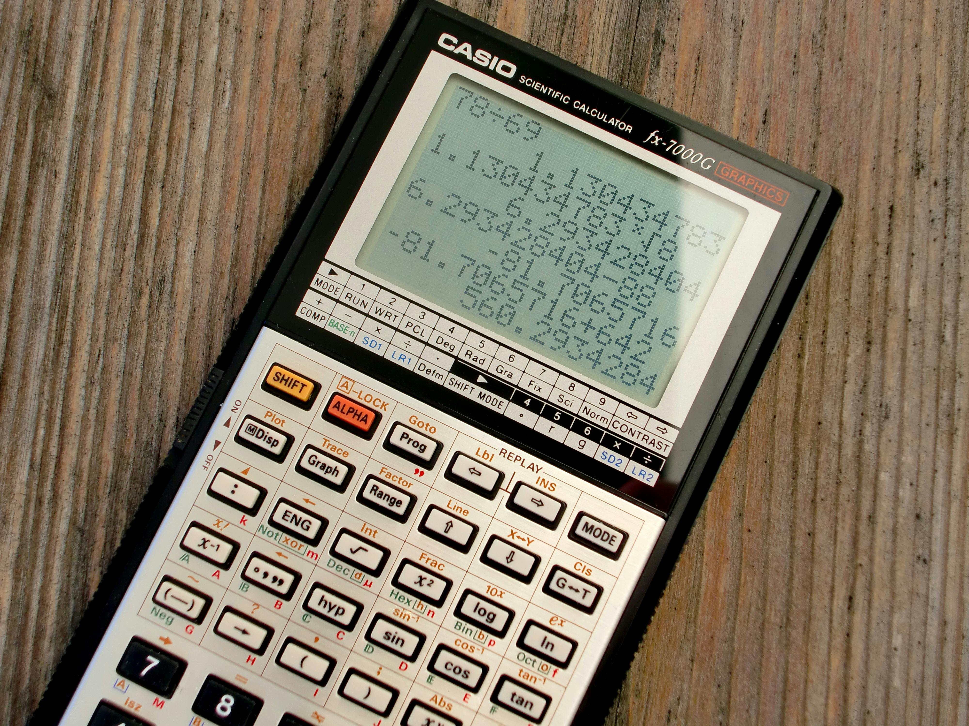 CASIO fx-7000G scientific calculator with graphics display, demonstrating complex mathematical computations, showcasing the efficiency of using Python numeric types for mathematical projects.