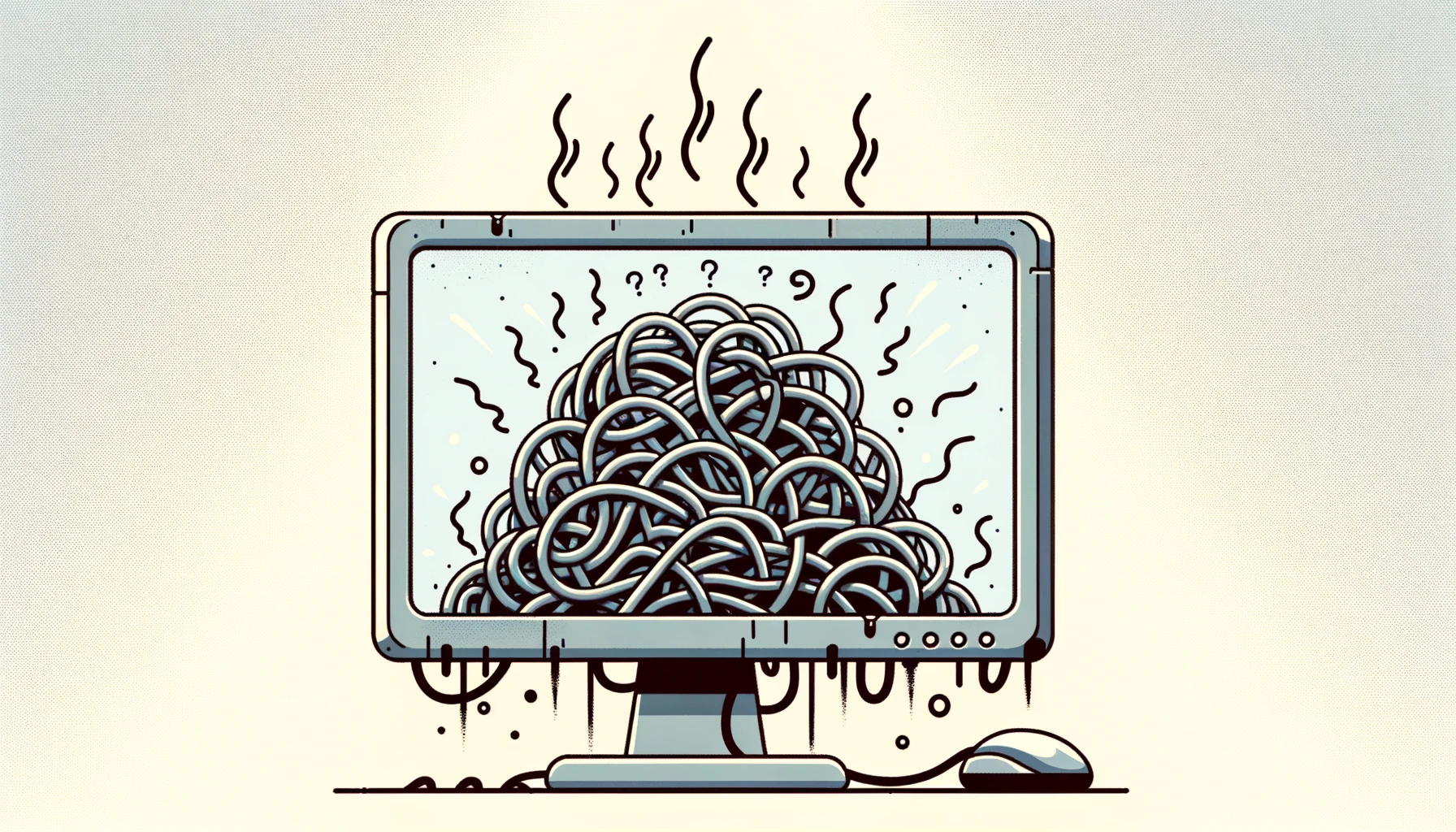 An illustration of tangled wires forming a knot inside a computer monitor, emitting steam and question marks, symbolizing the complexity and confusion associated with poor programming practices and the need for best practices for eliminating Python code smells.
