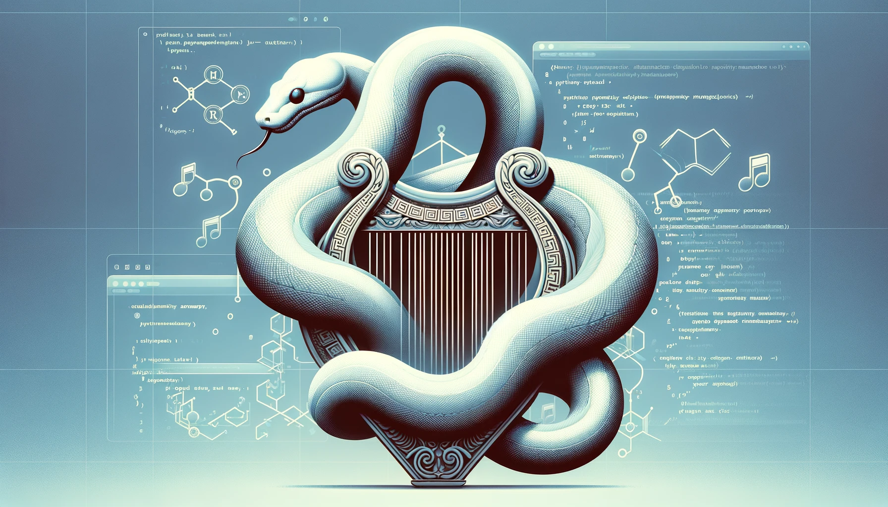 Python logo entwined with ancient Greek lyre, symbolizing the management of Python project dependencies with Poetry, with code and musical notes in the background.